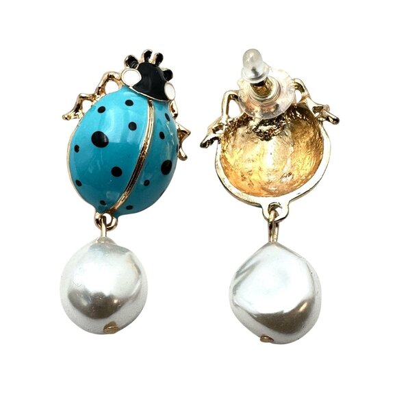 Womens Earrings Pierced Lady Bug Blue Enamel Faux Pearl Gold Tone Chandelier - Picture 2 of 3